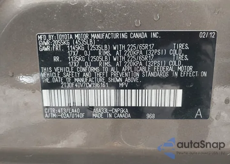 2012 Toyota Rav4 Limited from USA, damaged, VIN 2T3DF4DV7CW196161